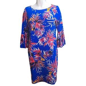 Calvin Klein Dress Womens 12 Blue Multicolor Tropical Bell Sleeve Stretch Sheath